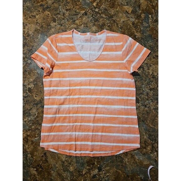 LL Bean T-Shirt Women Med. Orange Stripe Crew Neck Boxy Cotton (A198) - Picture 1 of 6